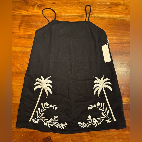 Calypso St. Barth Black Linen Blend Sundress Embroidered Palm Trees Sz L - NEW - Picture 2 of 12